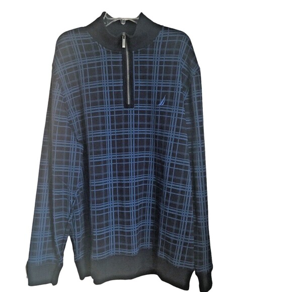 Nautica Mens Sweatshirt XXL Navy Blue Pullover 1/4 Zipper Mock Neck Plaid NWT - Picture 2 of 6